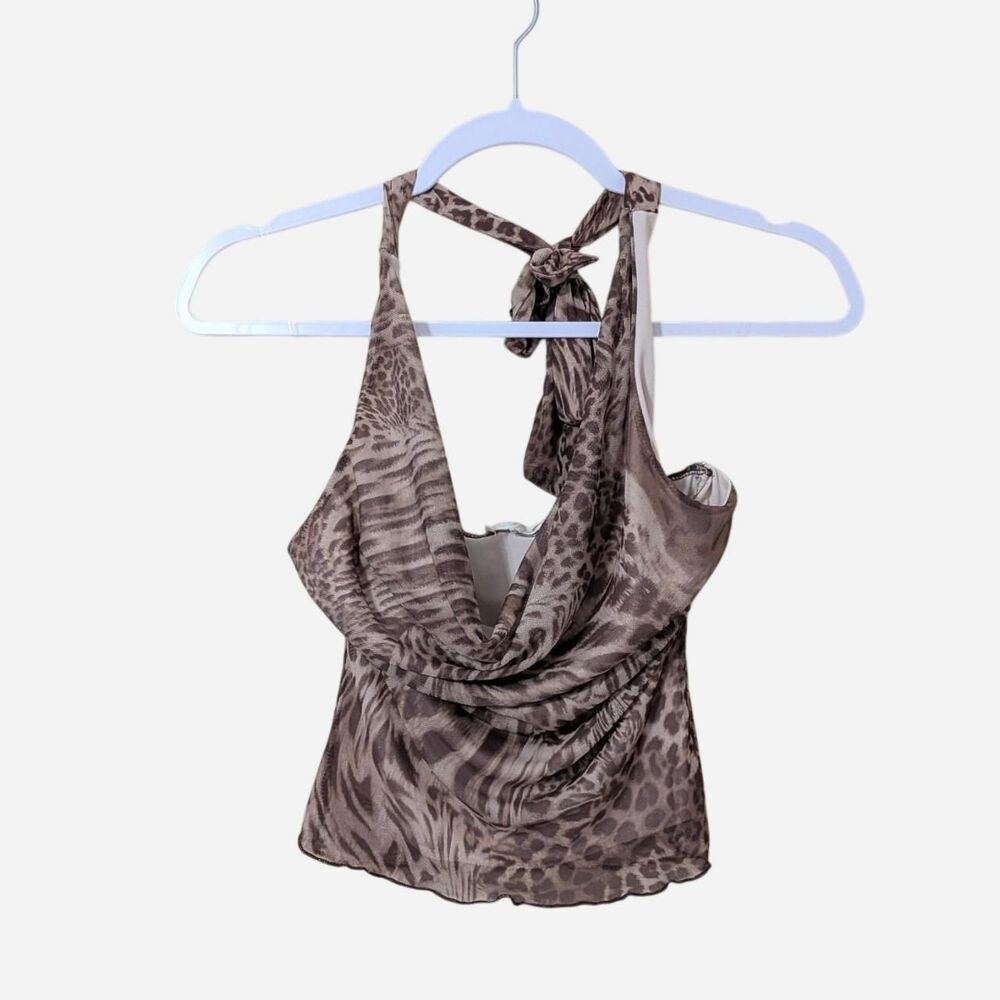 Y2K See You Monday Leopard Print Cowl Neck Mesh Halter Top
